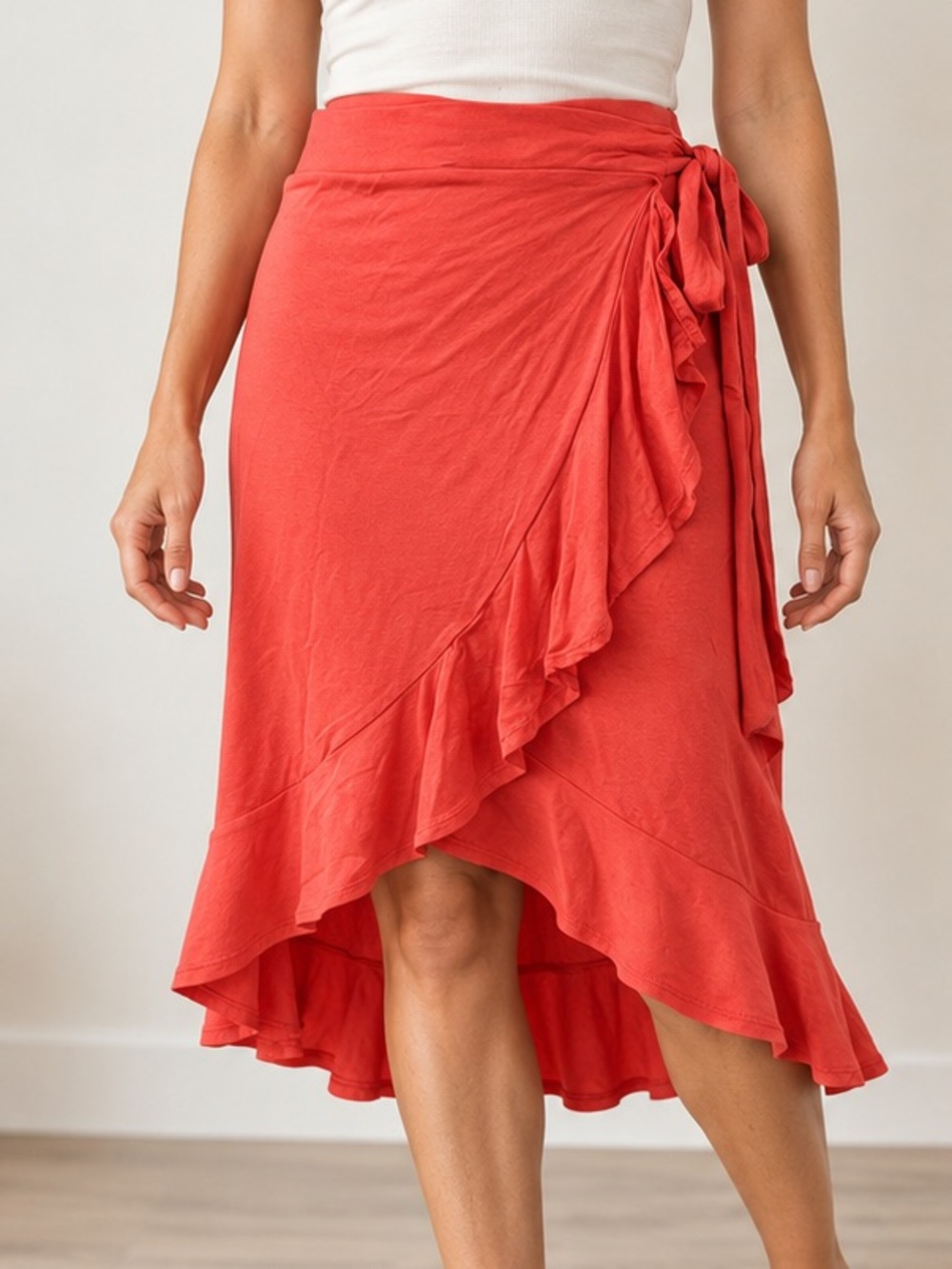 Max Studio Coral Ruffle Faux Wrap Midi Skirt Side Tie L